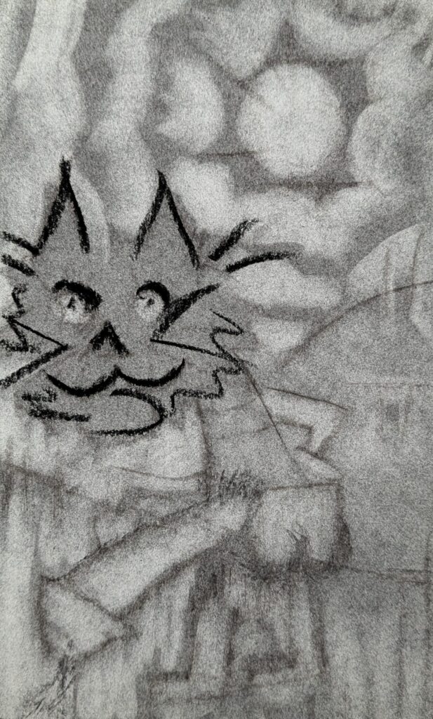 Engorged bipedal figure with cat head