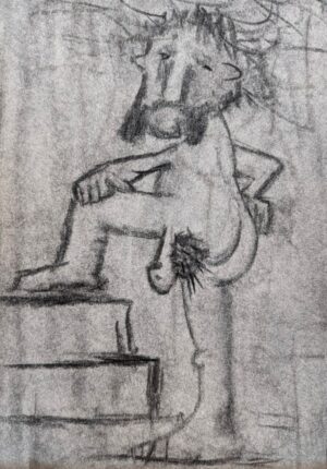 Nude man ascending steps with mutton chpps