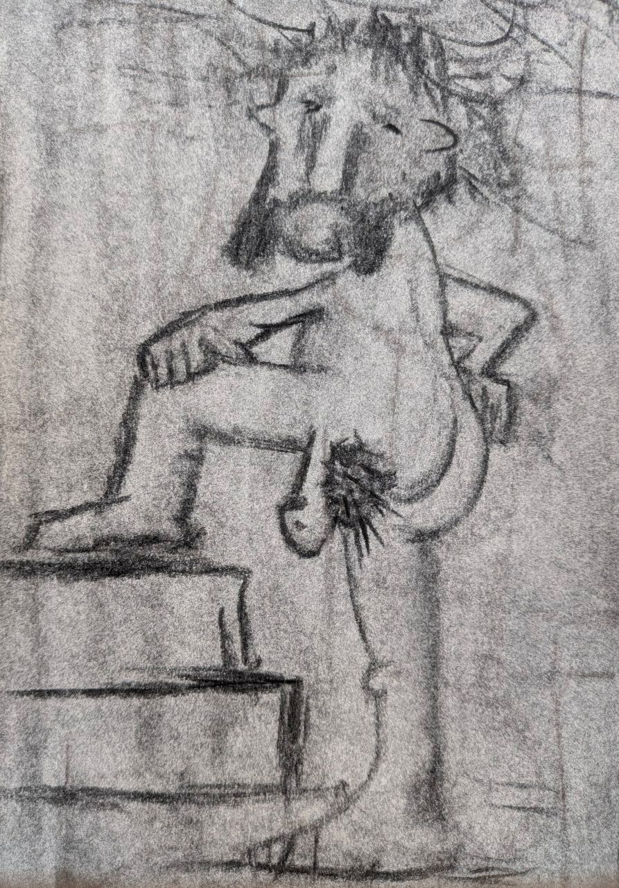 Nude man ascending steps with mutton chpps