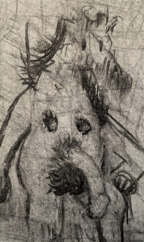 Horse-headed figure with large, drooping penis stepping from a stream