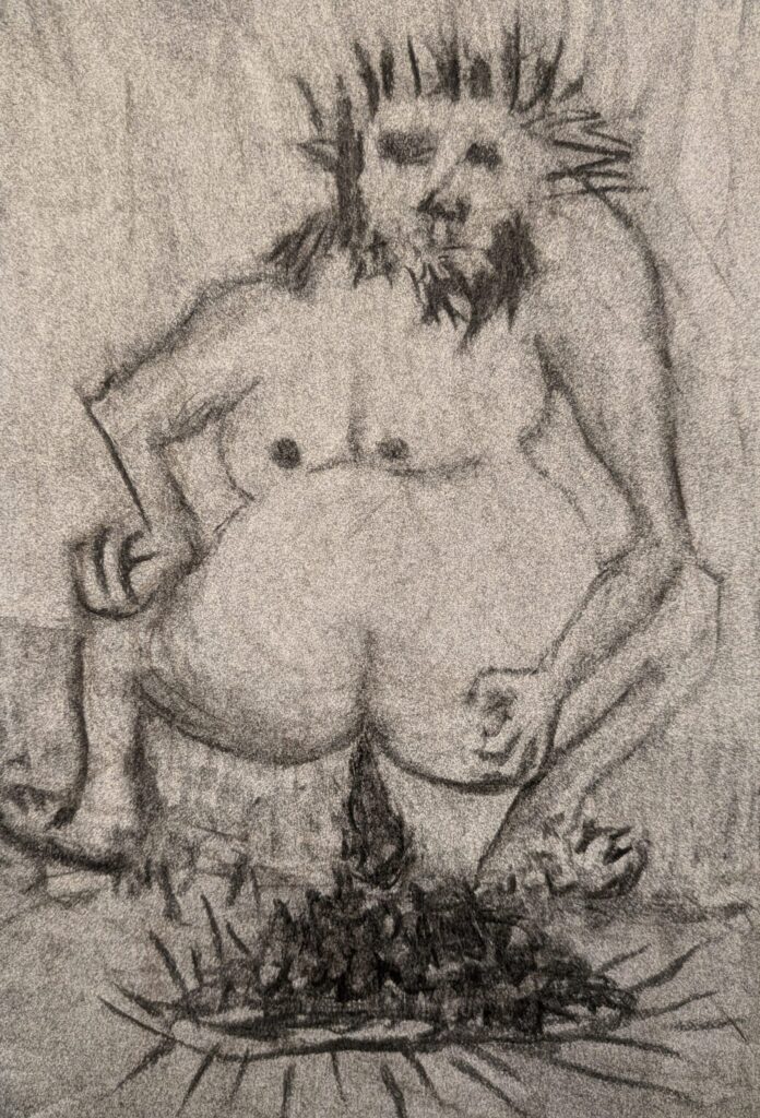 Man squatting, shitting, and looking at you. In charcoal on cotton paper.