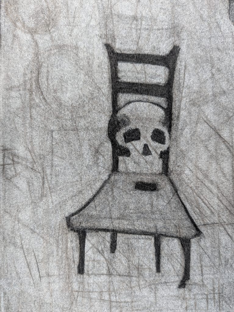 A ladderback chair with skull drawn in charcoal